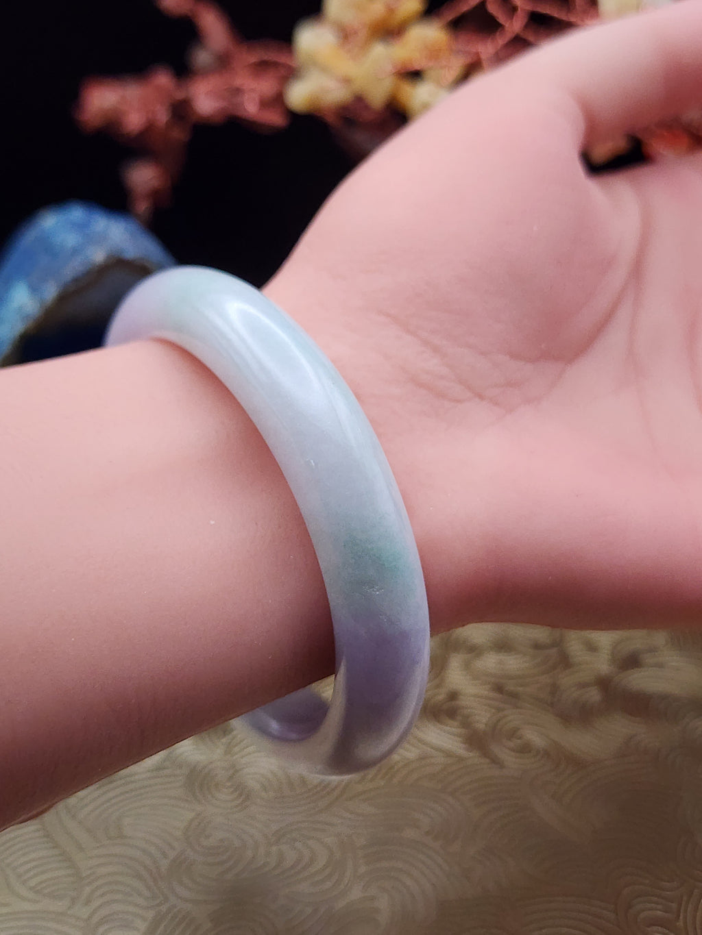 Jadeite Jade Icy Lavender with Green Accents Bangle - 55.9mm (Type A Untreated)