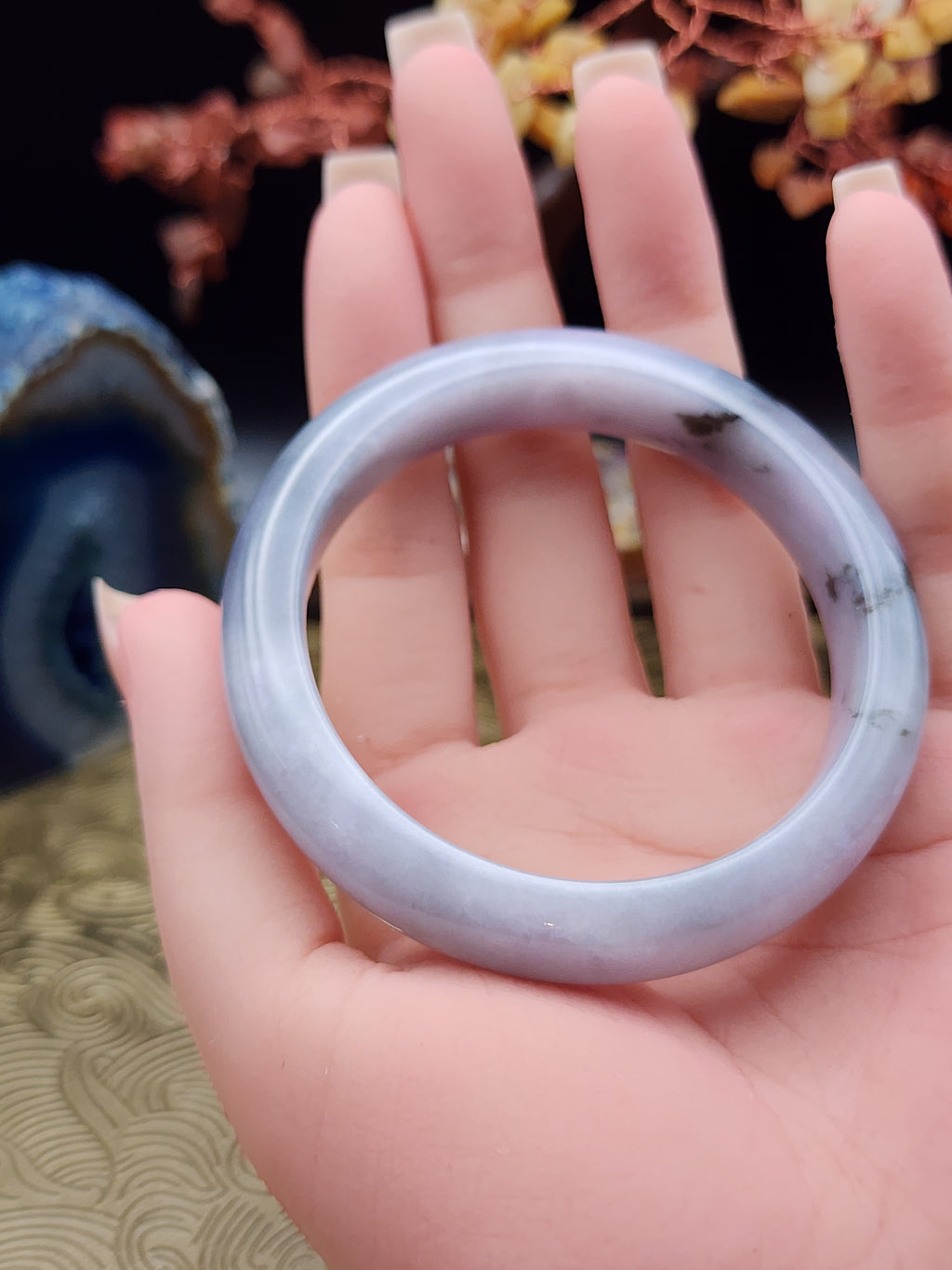 Jadeite Jade Soft Lavender with Dark Green Accents Bangle - 55.3mm (Type A Untreated)