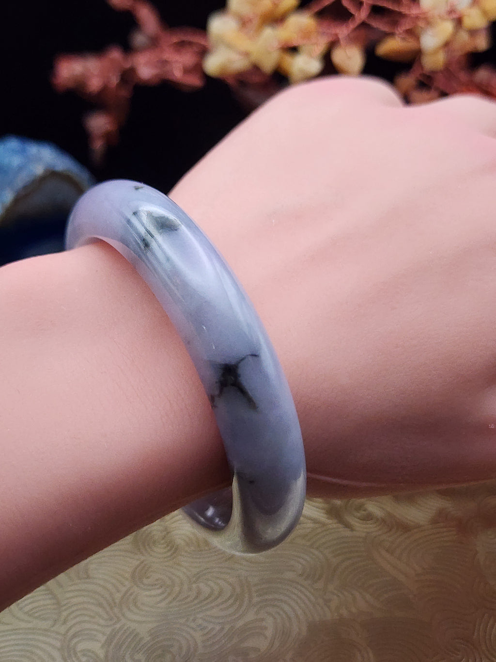 Jadeite Jade Soft Lavender with Dark Green Accents Bangle - 55.3mm (Type A Untreated)