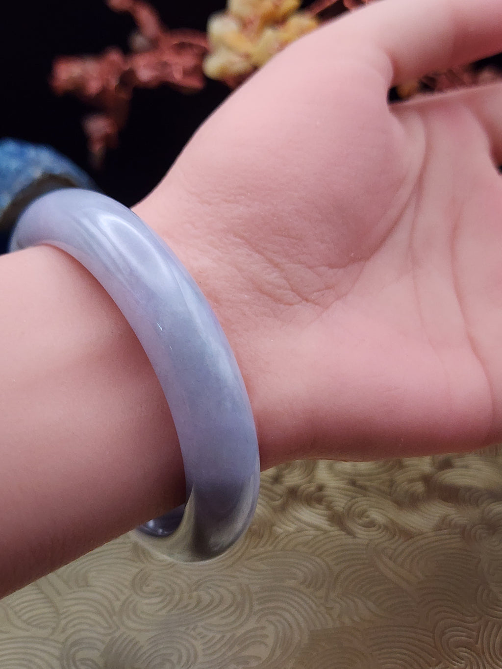 Jadeite Jade Soft Lavender with Dark Green Accents Bangle - 55.3mm (Type A Untreated)