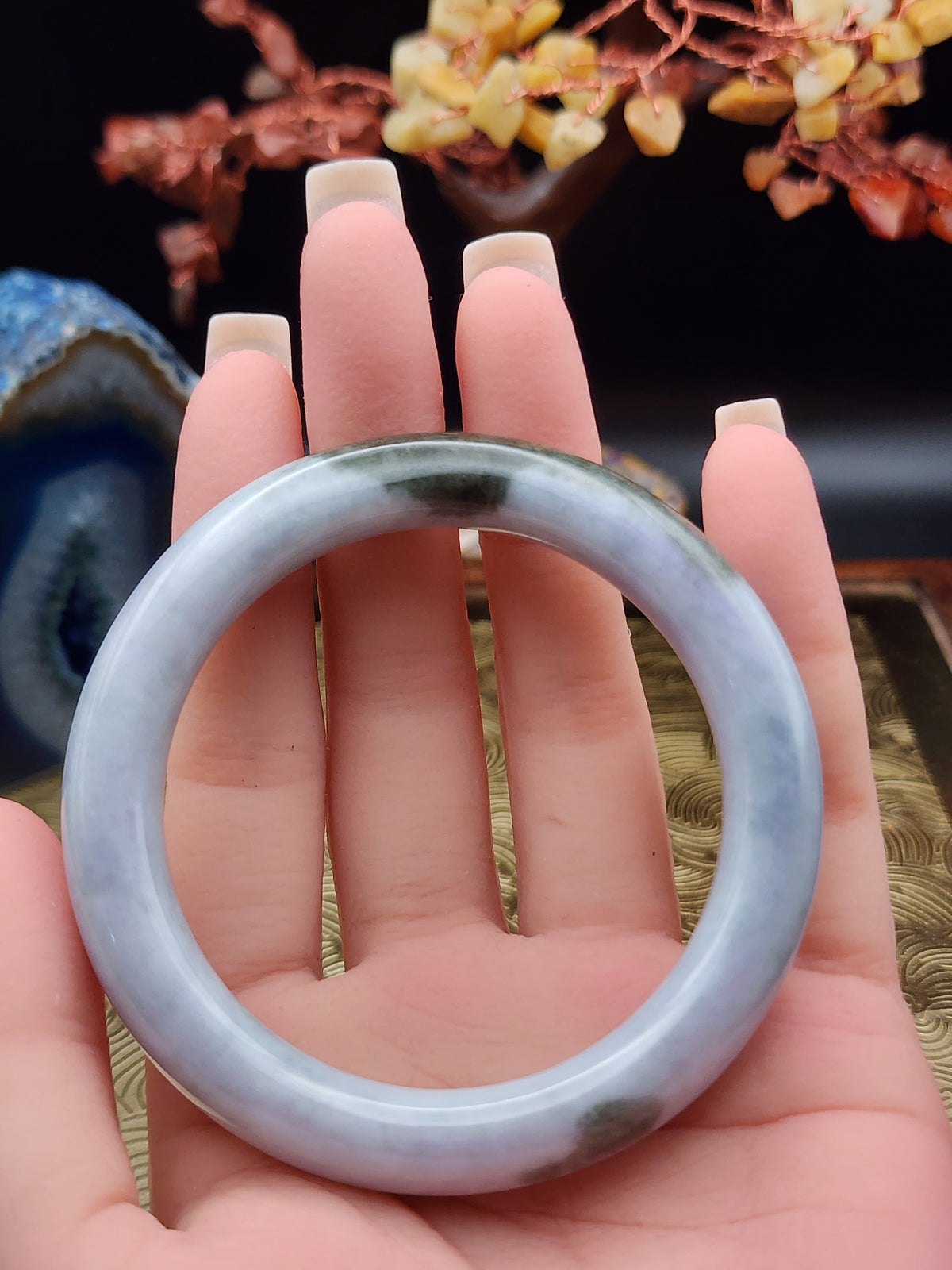 Jadeite Jade Icy Lavender with Dark Green Accents Bangle - 54mm (Type A Untreated)