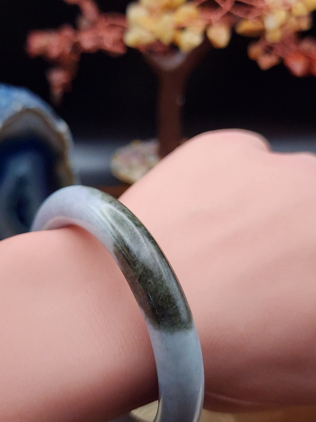 Jadeite Jade Icy Lavender with Dark Green Accents Bangle - 54mm (Type A Untreated)