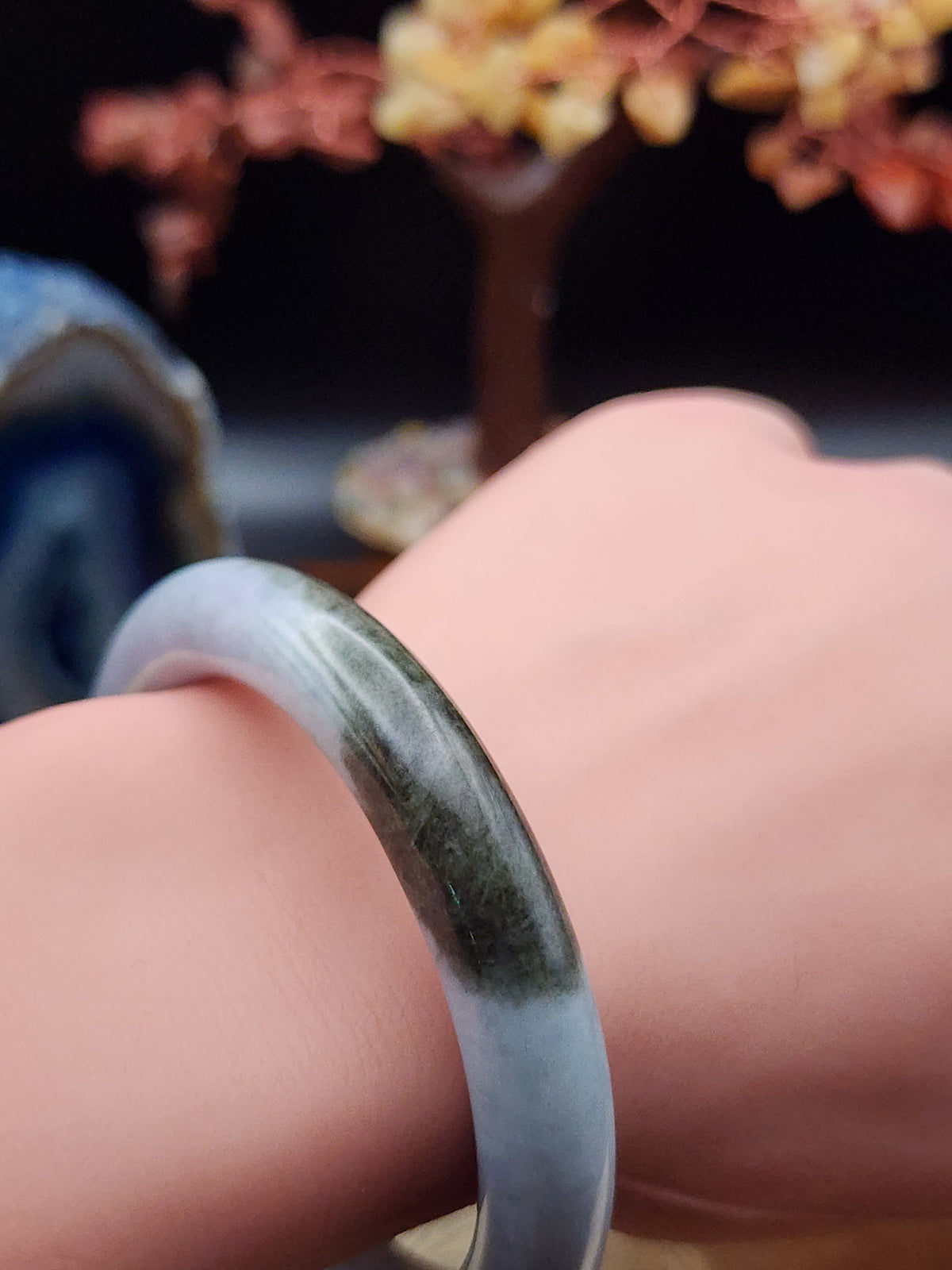 Jadeite Jade Icy Lavender with Dark Green Accents Bangle - 54mm (Type A Untreated)