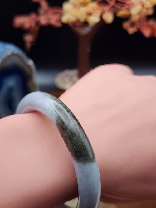 Jadeite Jade Icy Lavender with Dark Green Accents Bangle - 54mm (Type A Untreated)
