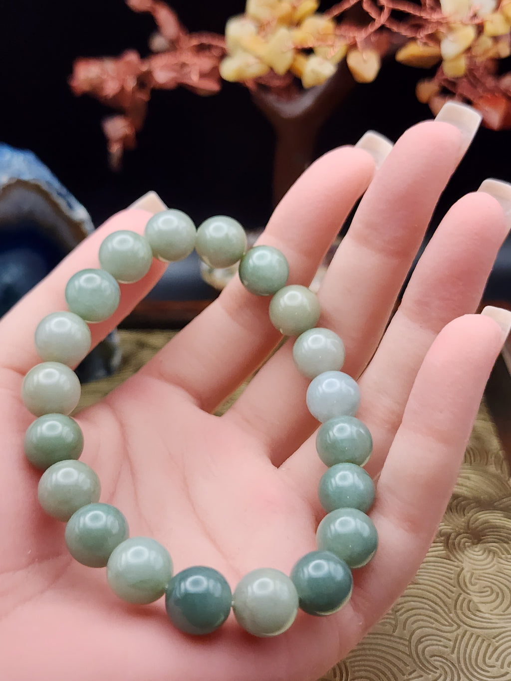Natural Green Jadeite Jade Bead Bracelet - 7.3" - Certified