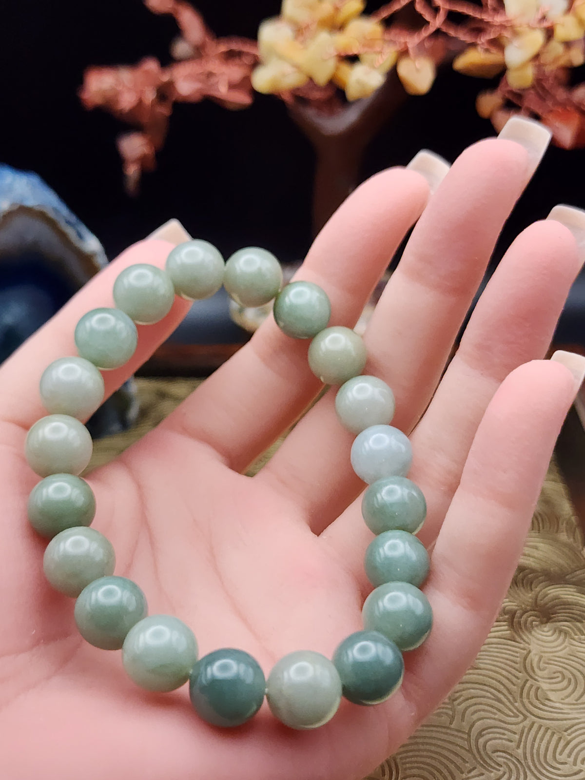 Natural Green Jadeite Jade Bead Bracelet - 7.3" - Certified