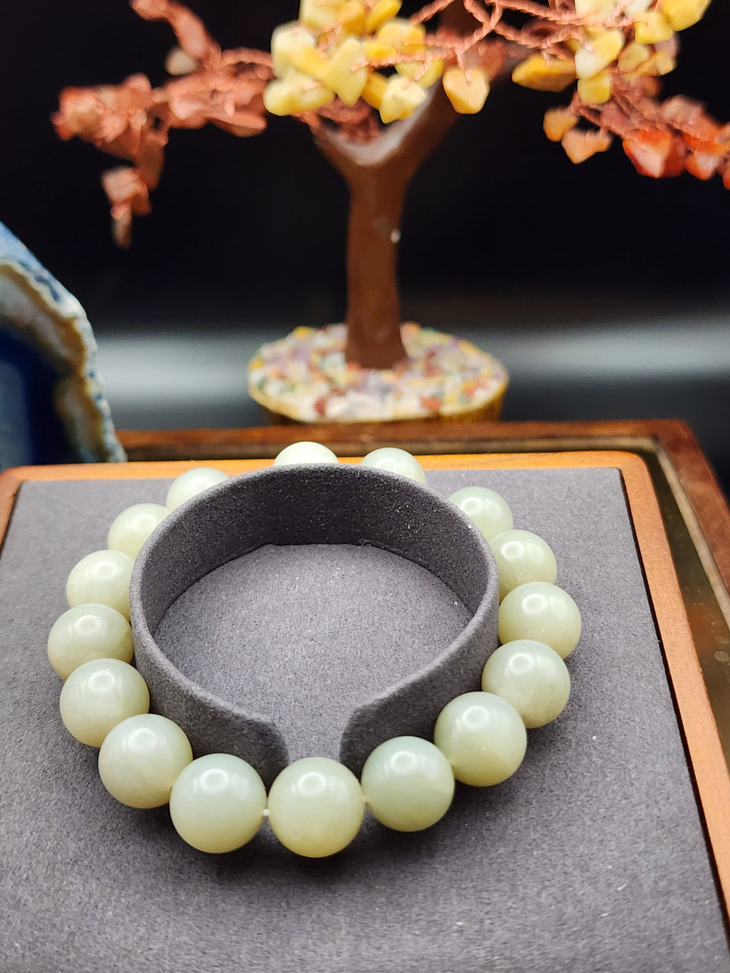 Natural Hetian Jade Bead Bracelet - 6.5" - Certified