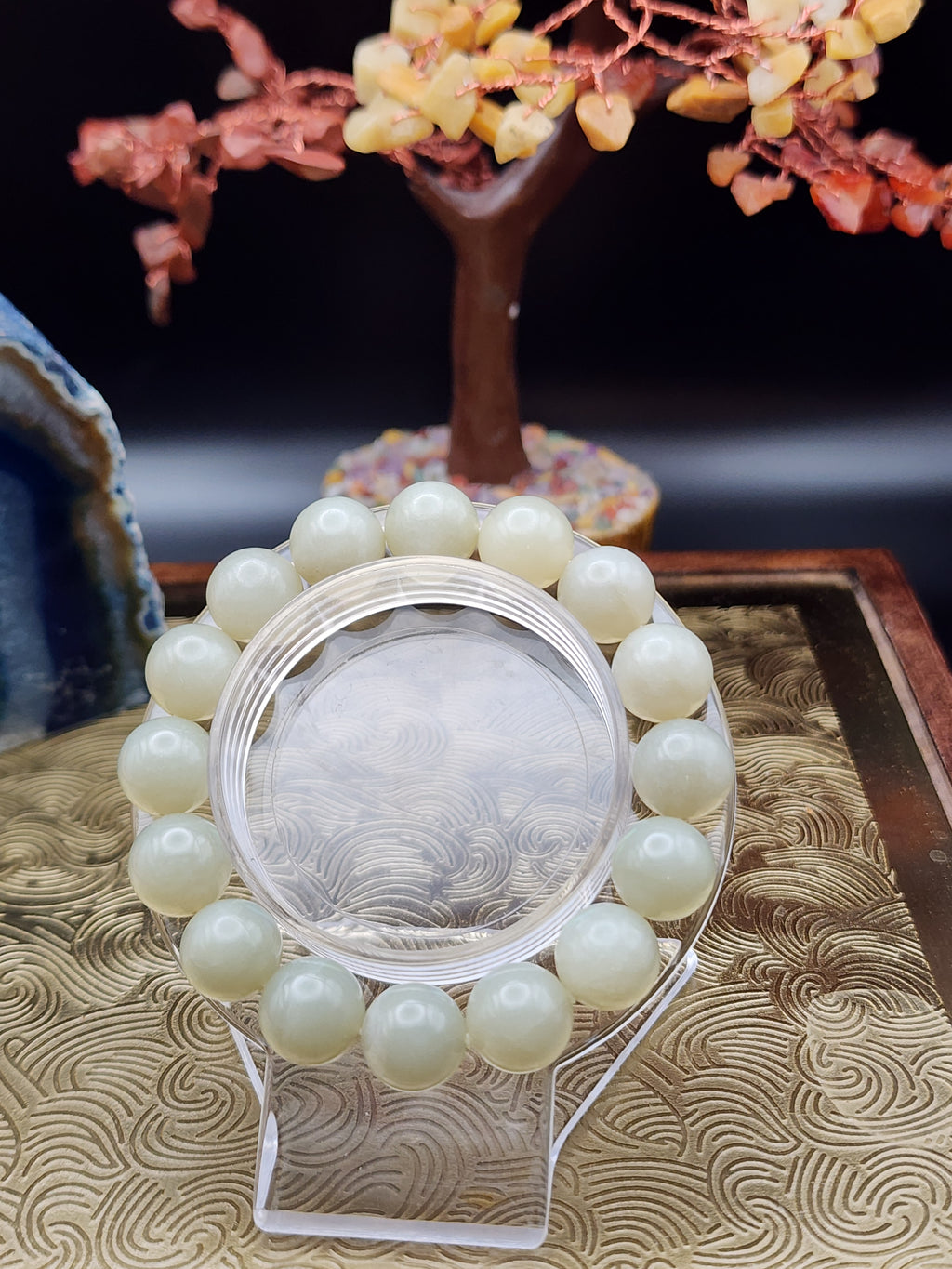 Natural Hetian Jade Bead Bracelet - 6.5" - Certified