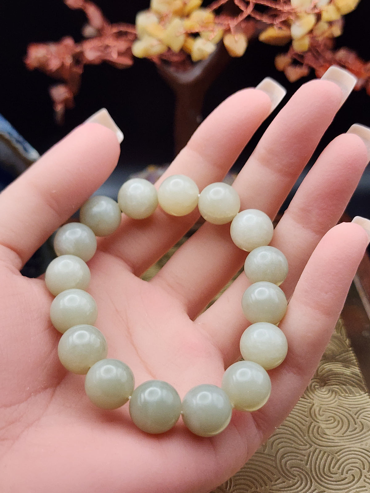 Natural Hetian Jade Bead Bracelet - 6.5" - Certified
