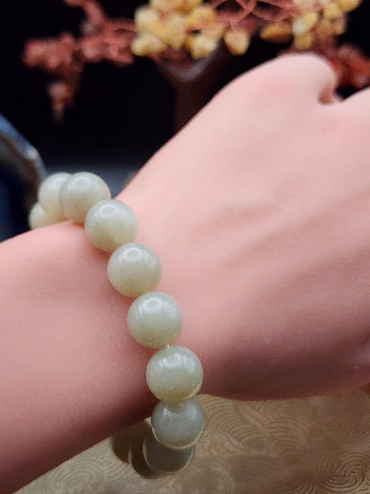 Natural Hetian Jade Bead Bracelet - 6.5" - Certified