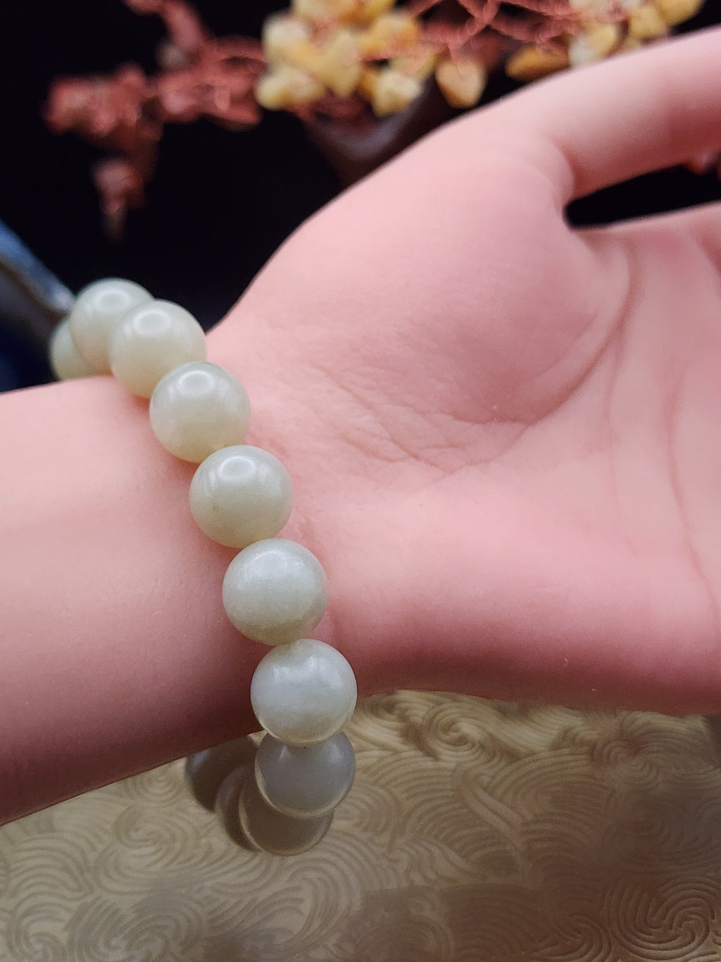 Natural Hetian Jade Bead Bracelet - 6.5" - Certified