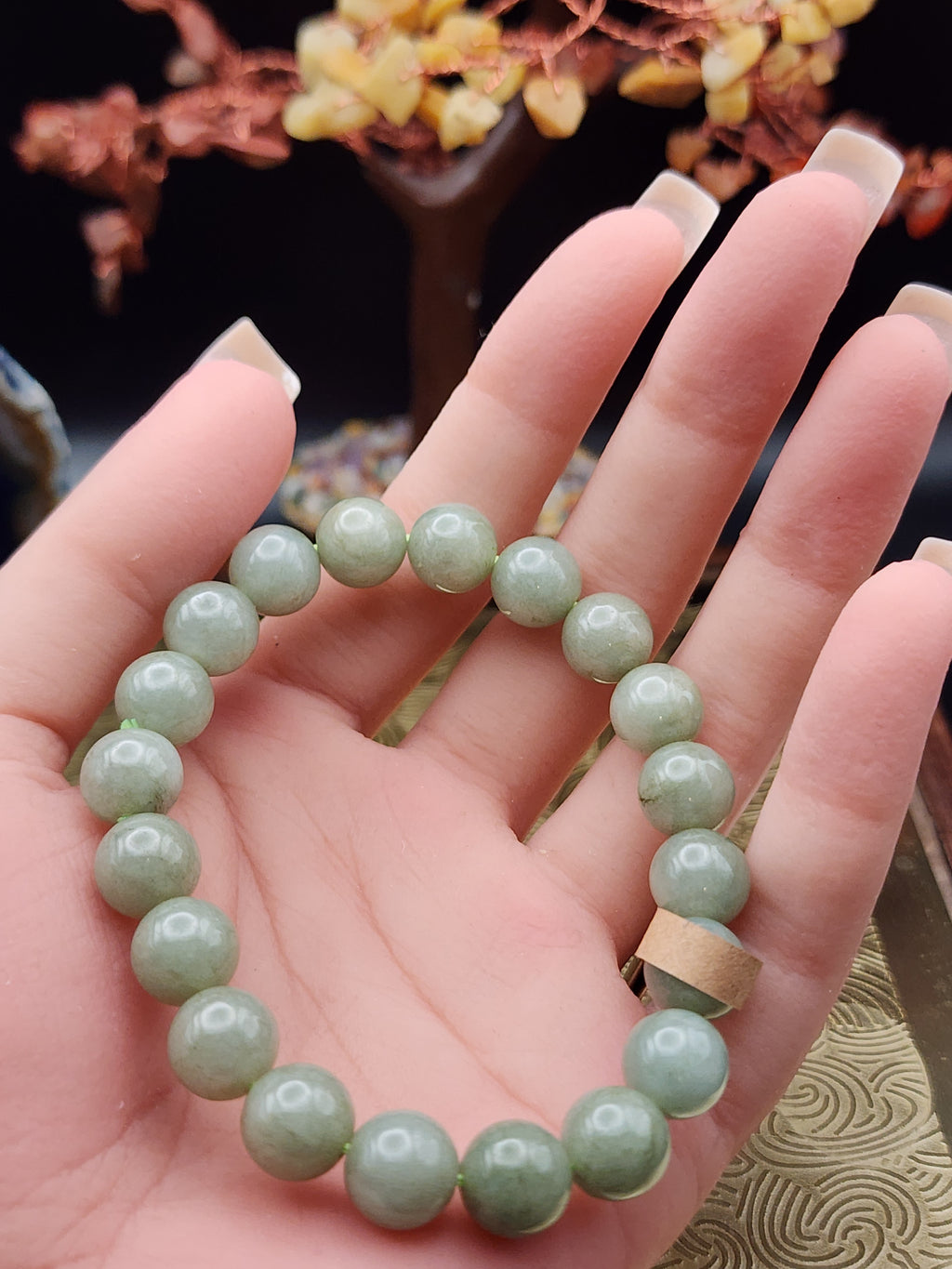Natural Celadon Green Jadeite Jade Bead Bracelet - 6.7" - Certified