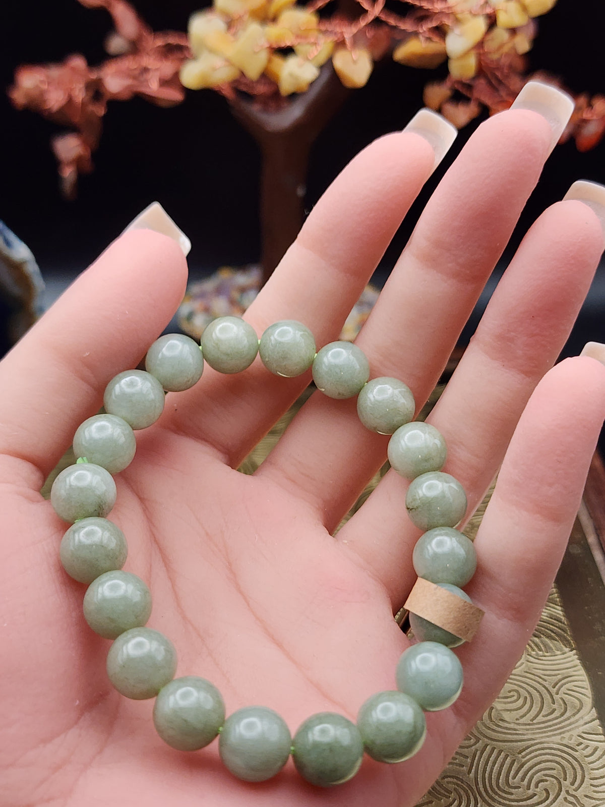 Natural Celadon Green Jadeite Jade Bead Bracelet - 6.7" - Certified