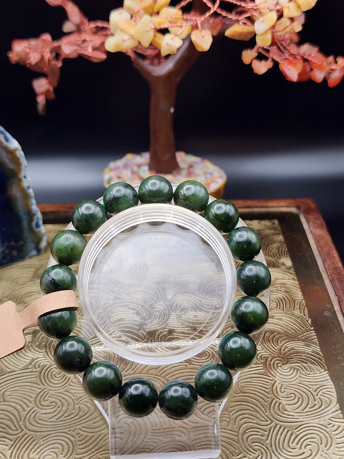 Natural Dark Spinach Green Hetian Jade Bead Bracelet - 6.7" - Certified