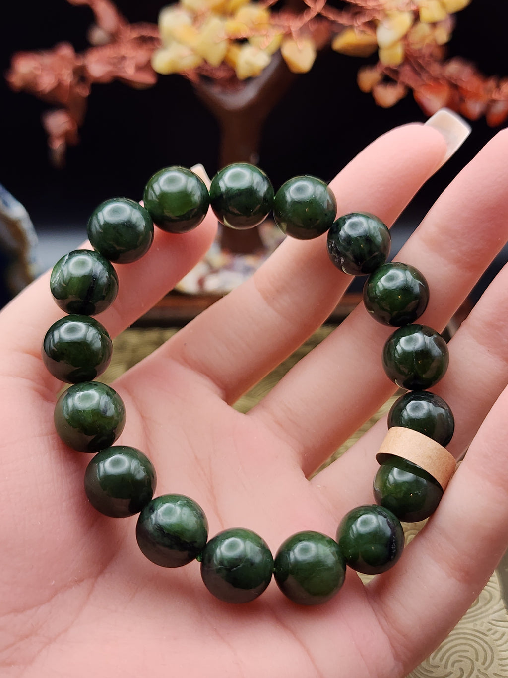 Natural Dark Spinach Green Hetian Jade Bead Bracelet - 6.7" - Certified