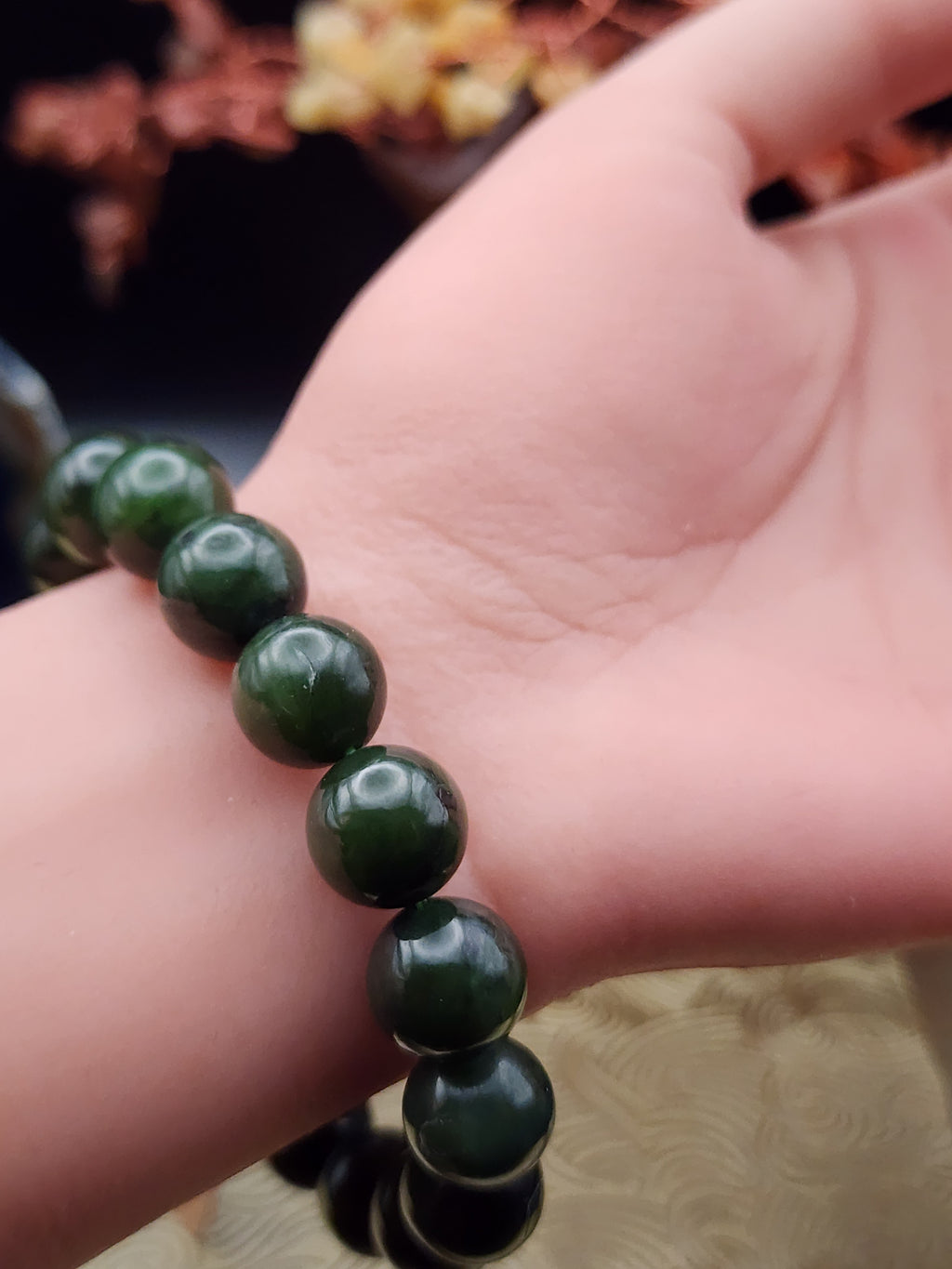 Natural Dark Spinach Green Hetian Jade Bead Bracelet - 6.7" - Certified