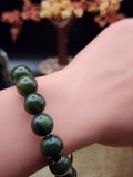Natural Dark Spinach Green Hetian Jade Bead Bracelet - 6.7" - Certified