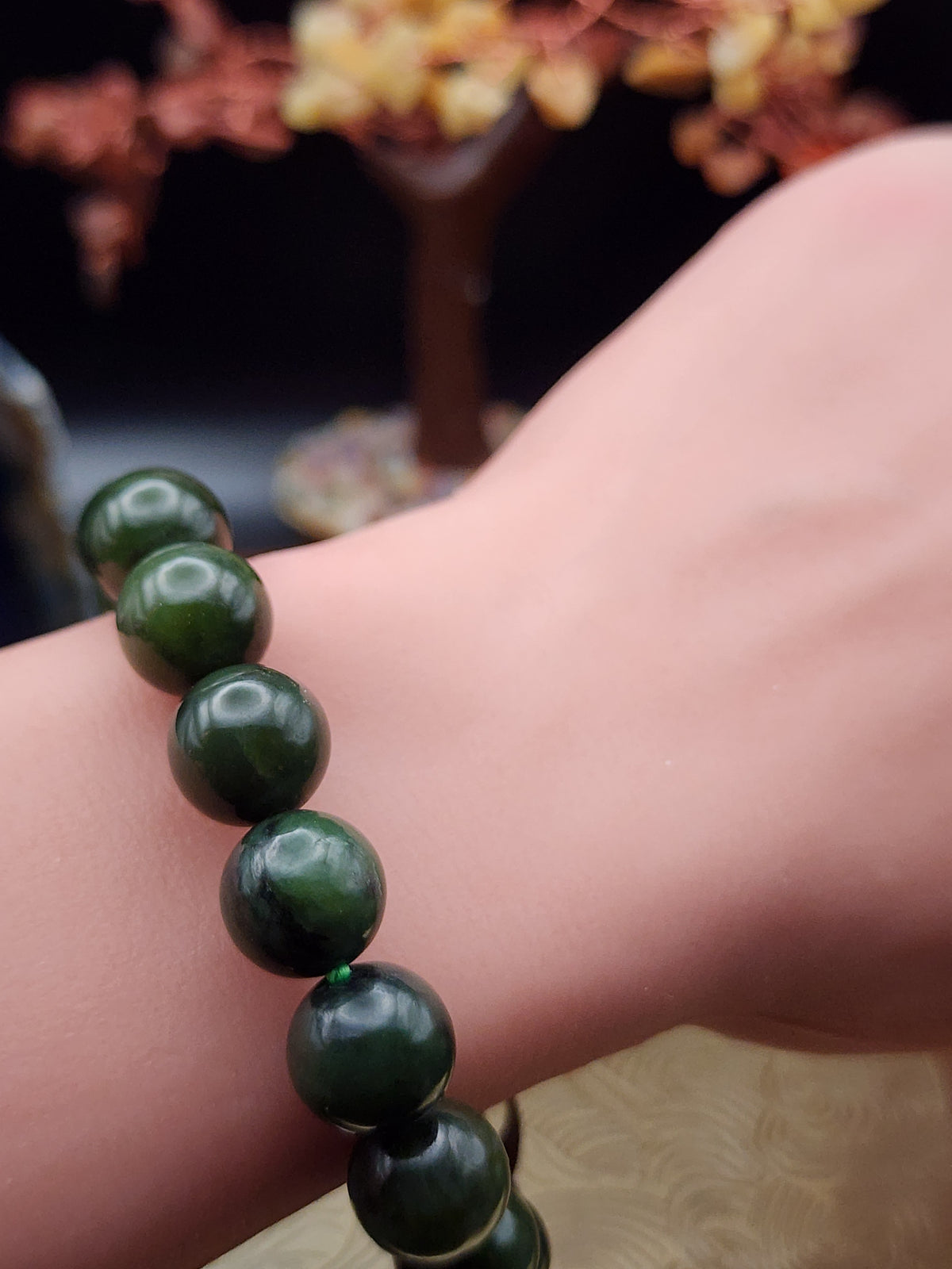 Natural Dark Spinach Green Hetian Jade Bead Bracelet - 6.7" - Certified