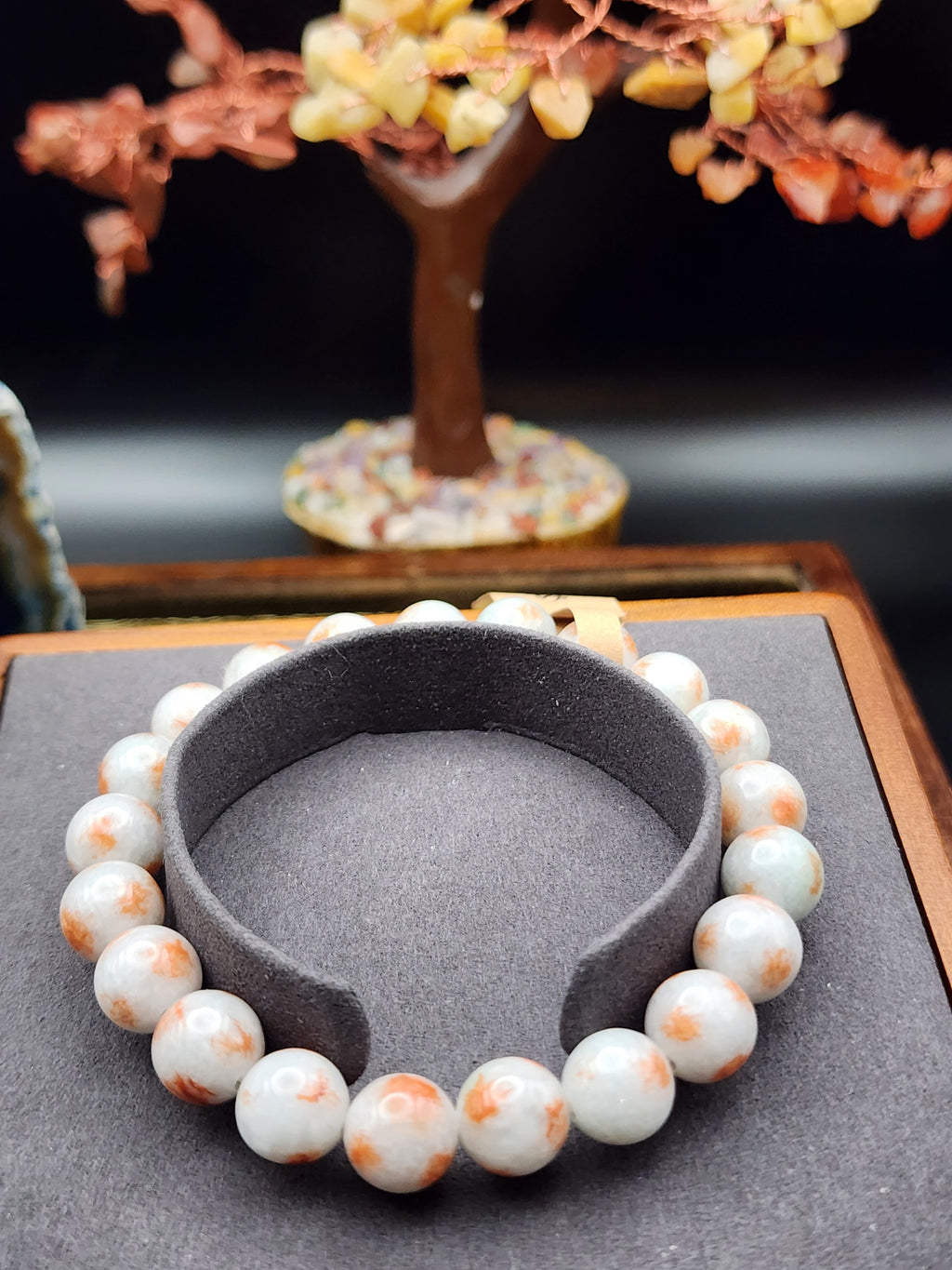 Natural Red-Spotted White Jadeite Jade Round Bead Bracelet - 7.3" - Certified