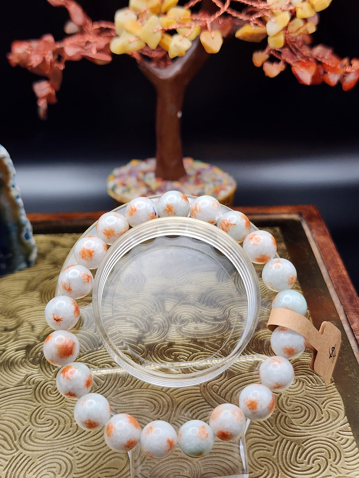 Natural Red-Spotted White Jadeite Jade Round Bead Bracelet - 7.3" - Certified