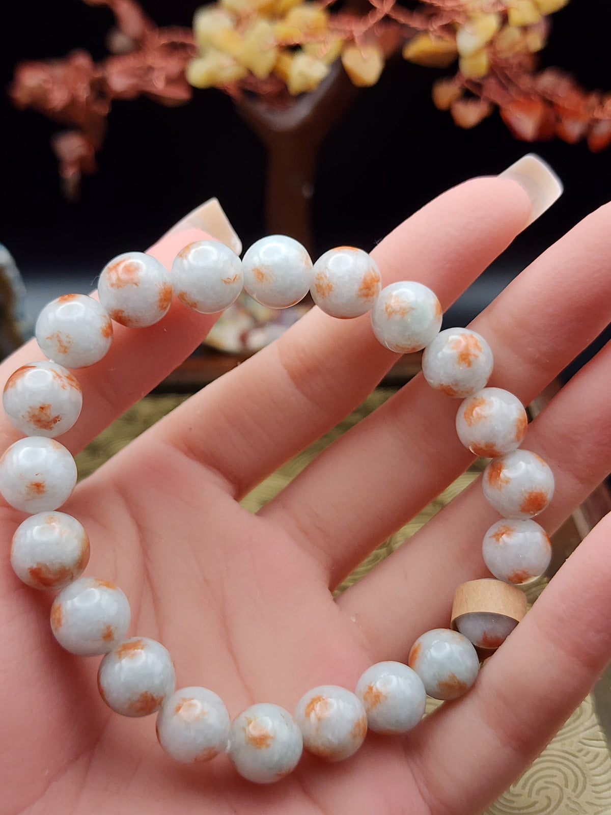 Natural Red-Spotted White Jadeite Jade Round Bead Bracelet - 7.3" - Certified