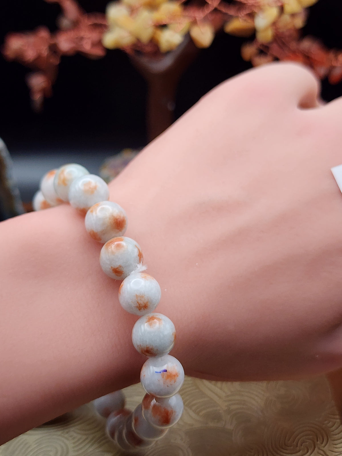 Natural Red-Spotted White Jadeite Jade Round Bead Bracelet - 7.3" - Certified