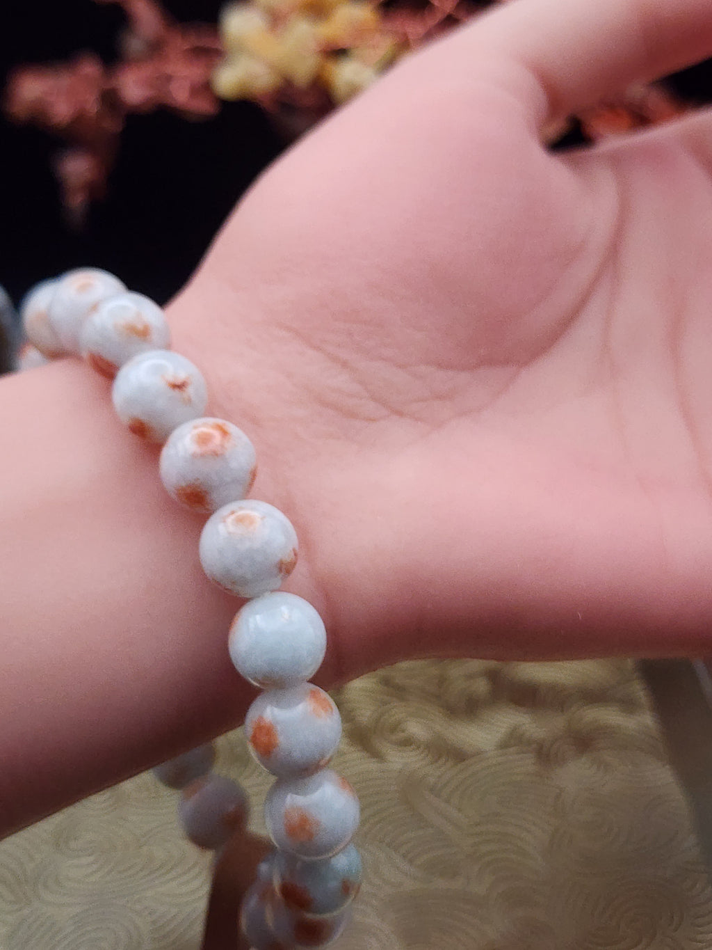 Natural Red-Spotted White Jadeite Jade Round Bead Bracelet - 7.3" - Certified