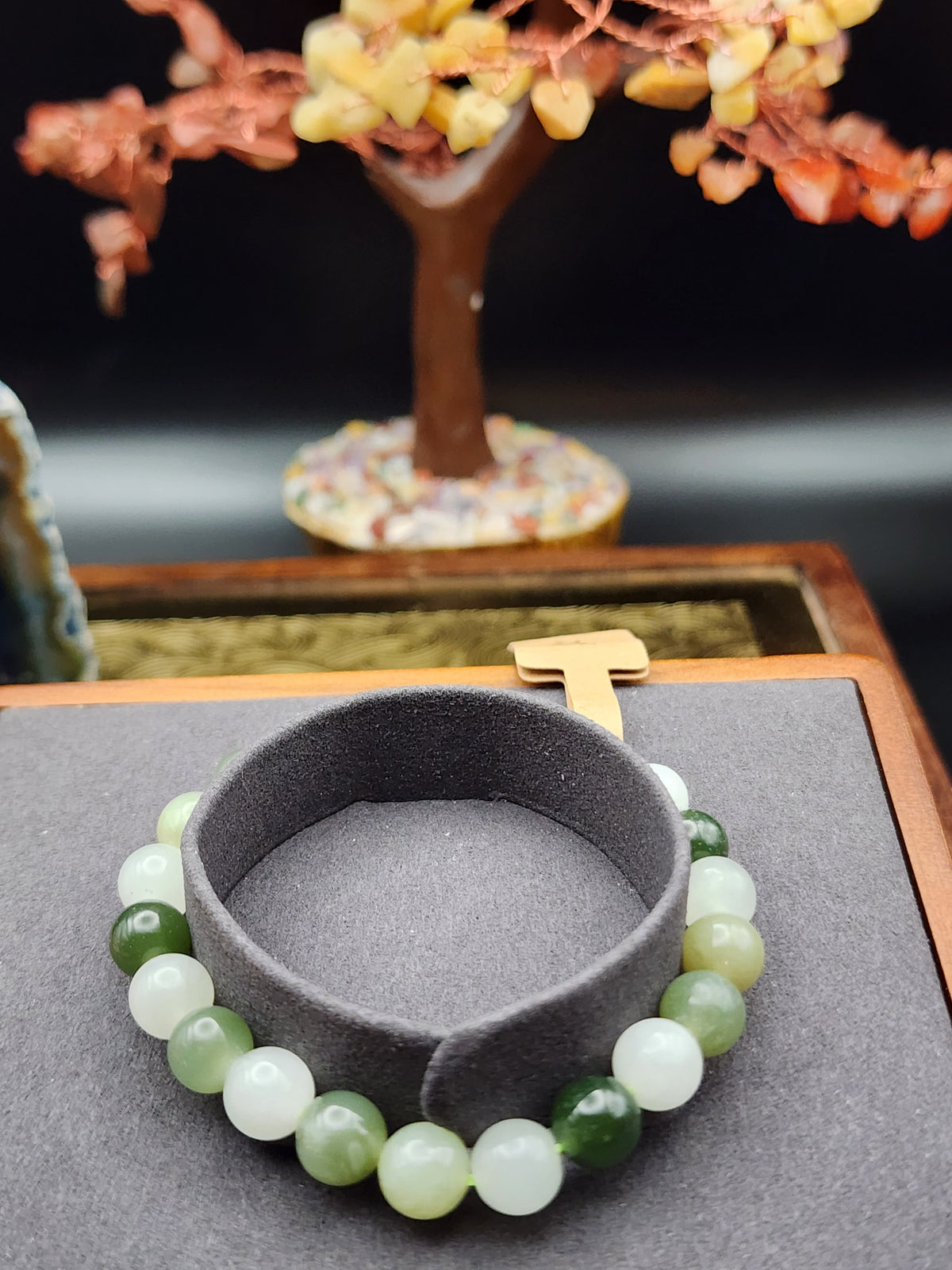 Natural Hetian Jade Mixed Green & White Round Bead Bracelet - 6" - Certified