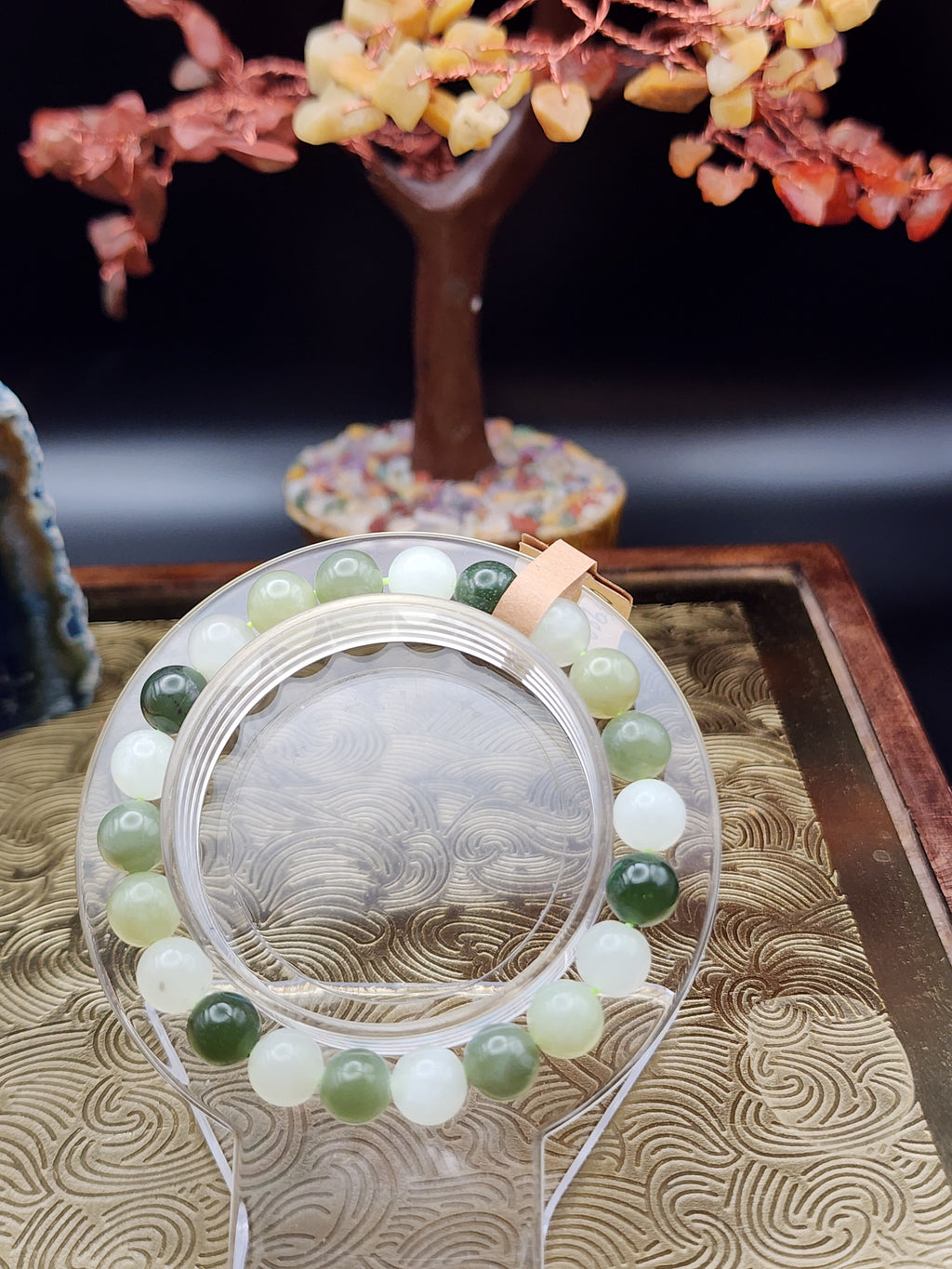 Natural Hetian Jade Mixed Green & White Round Bead Bracelet - 6" - Certified