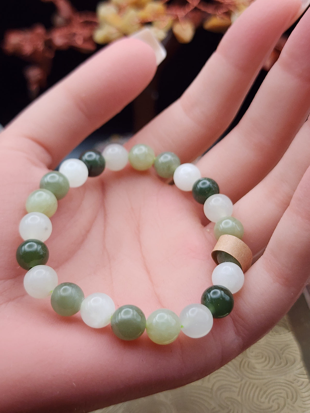 Natural Hetian Jade Mixed Green & White Round Bead Bracelet - 6" - Certified