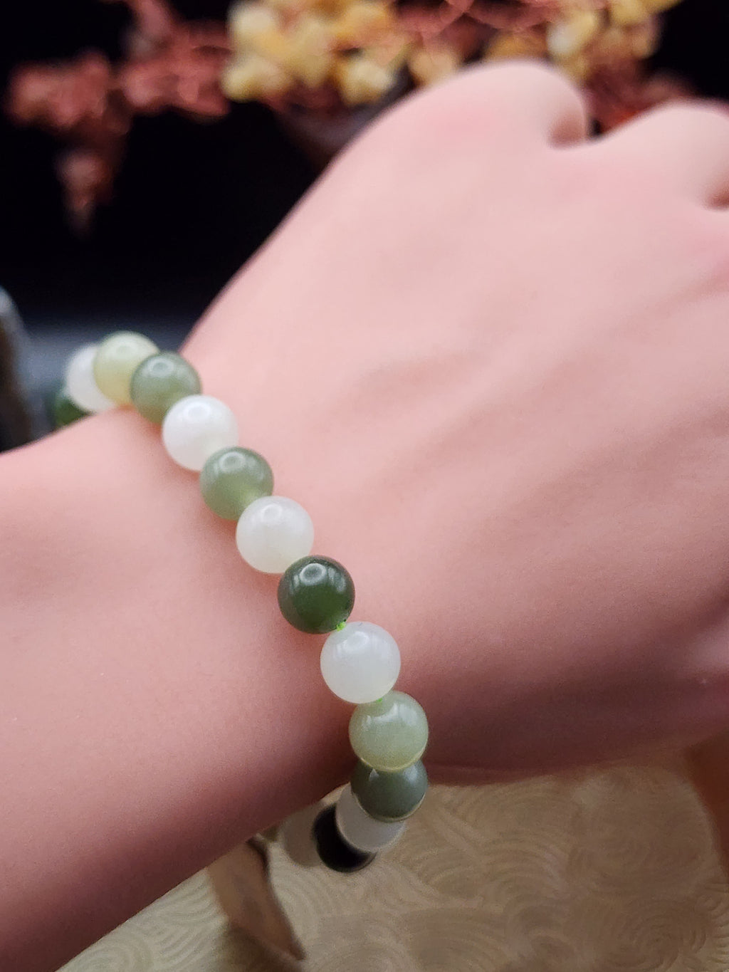 Natural Hetian Jade Mixed Green & White Round Bead Bracelet - 6" - Certified