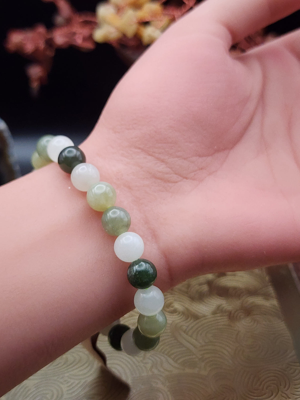 Natural Hetian Jade Mixed Green & White Round Bead Bracelet - 6" - Certified