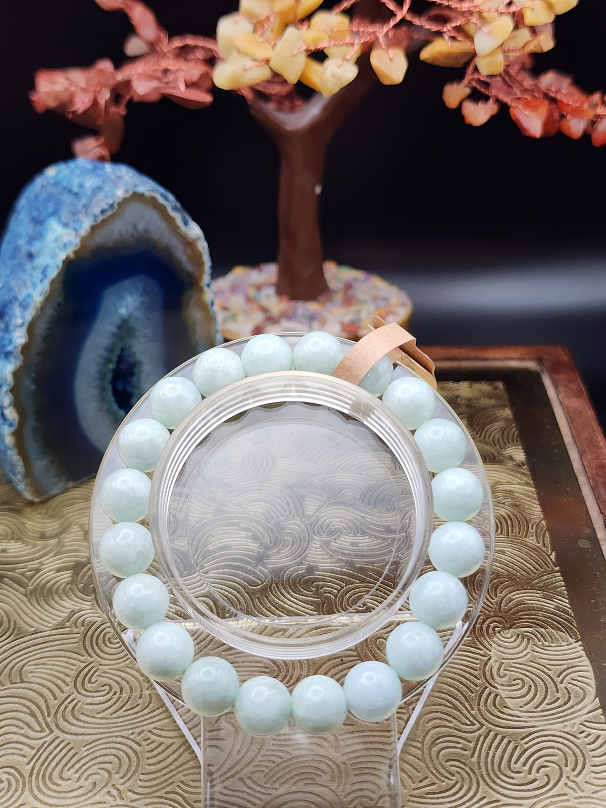 Natural Light Ice Green Jadeite Jade Round Bead Bracelet - 6.5" - (Type A Untreated)