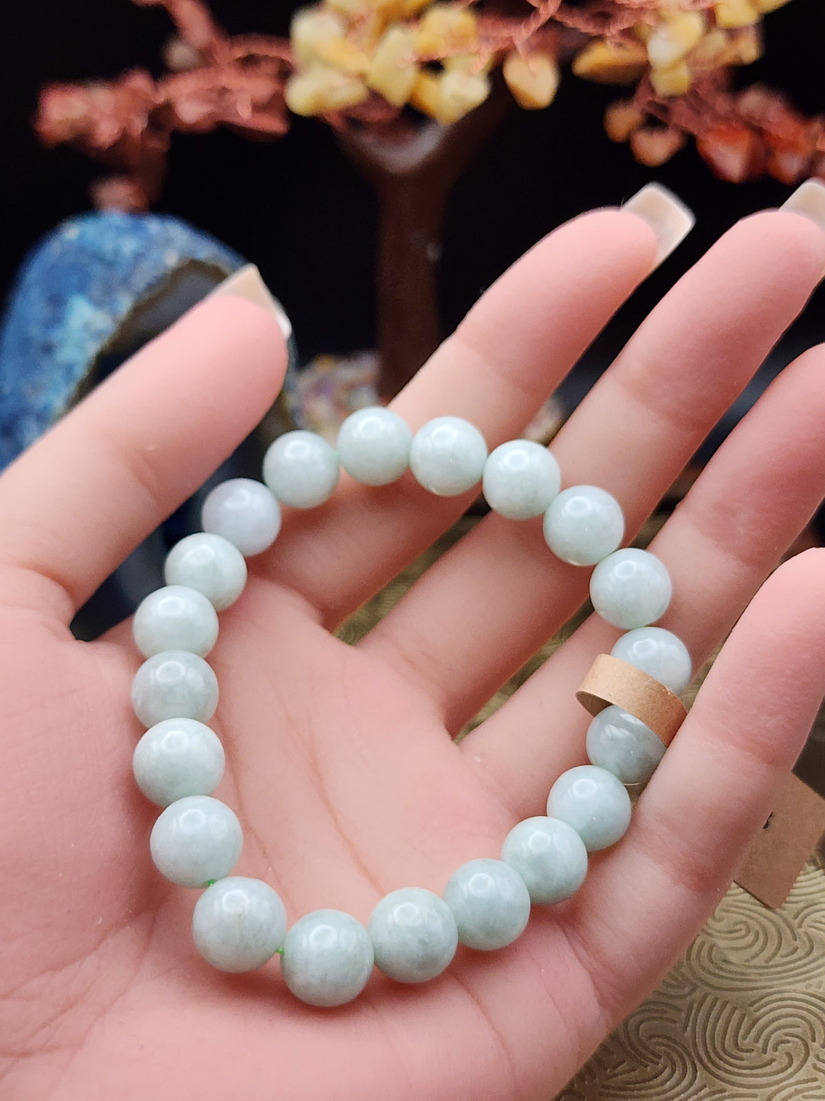 Natural Light Ice Green Jadeite Jade Round Bead Bracelet - 6.5" - (Type A Untreated)