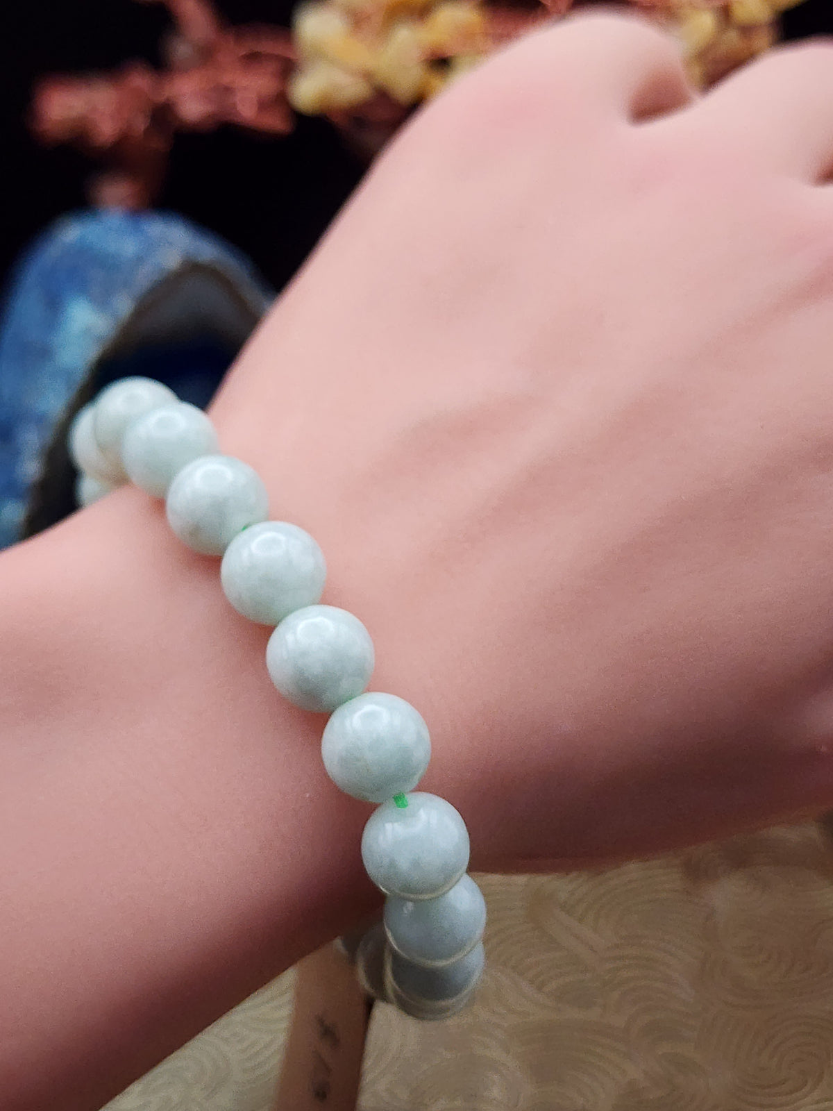 Natural Light Ice Green Jadeite Jade Round Bead Bracelet - 6.5" - (Type A Untreated)
