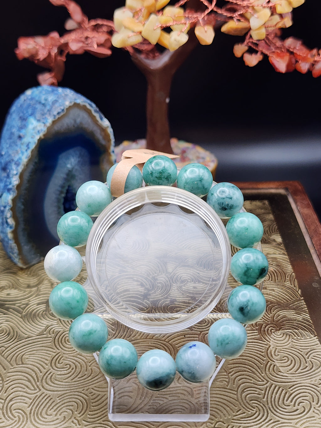 Natural Green Jadeite Jade Round Bead Bracelet - 6.7" (Type A Untreated)