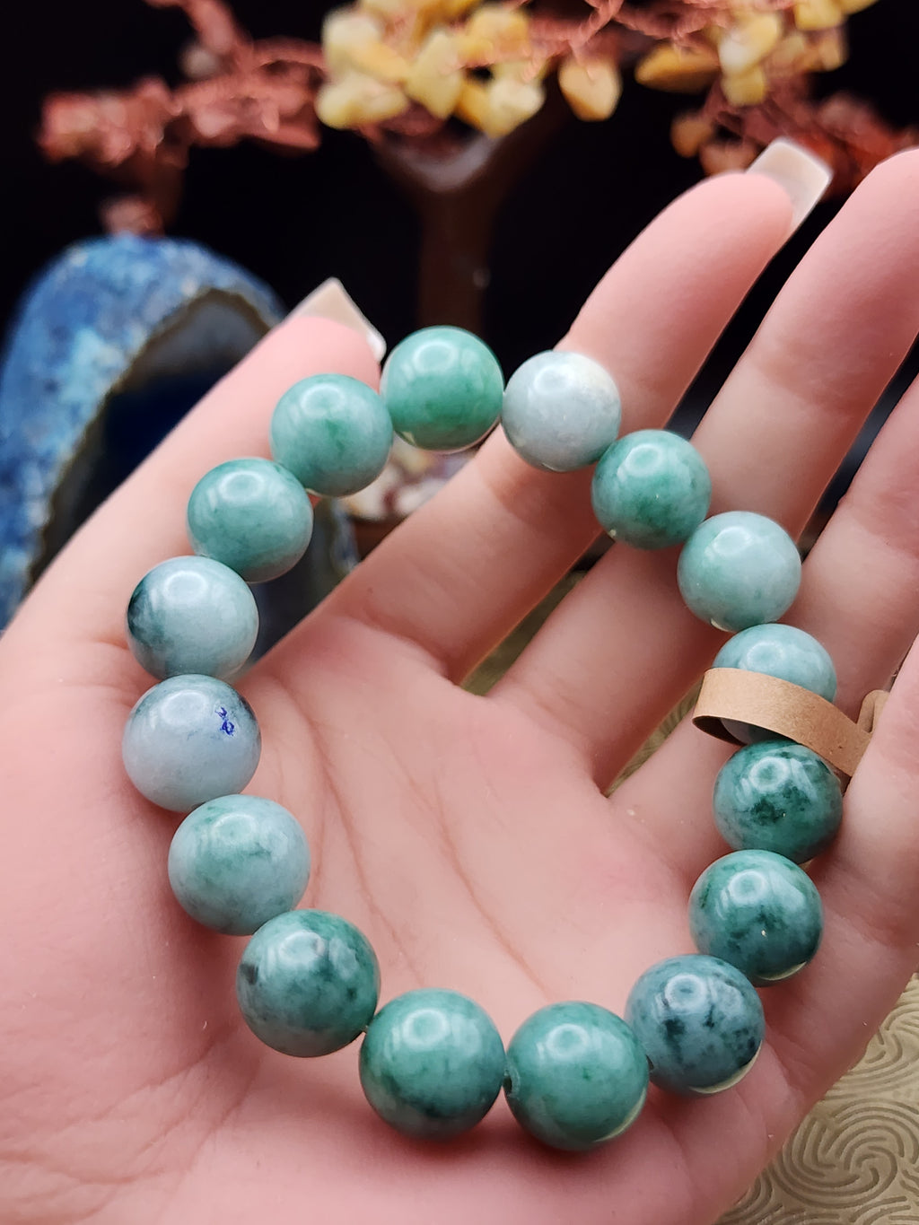 Natural Green Jadeite Jade Round Bead Bracelet - 6.7" (Type A Untreated)