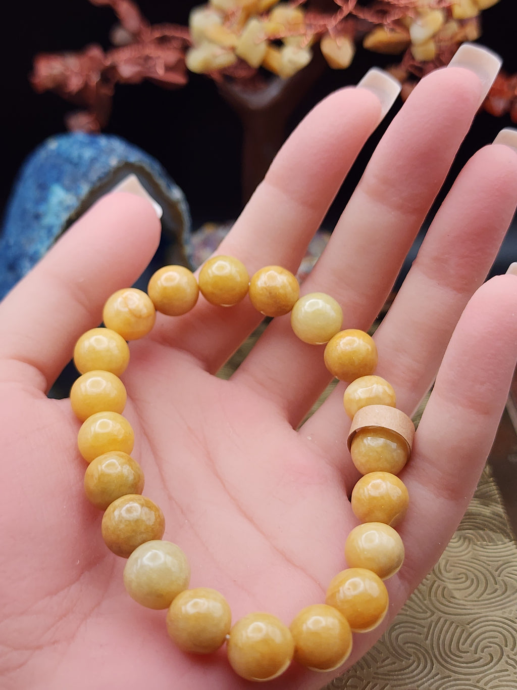Natural Yellow Jadeite Jade Round Bead Bracelet - 7" - (Type A Untreated)