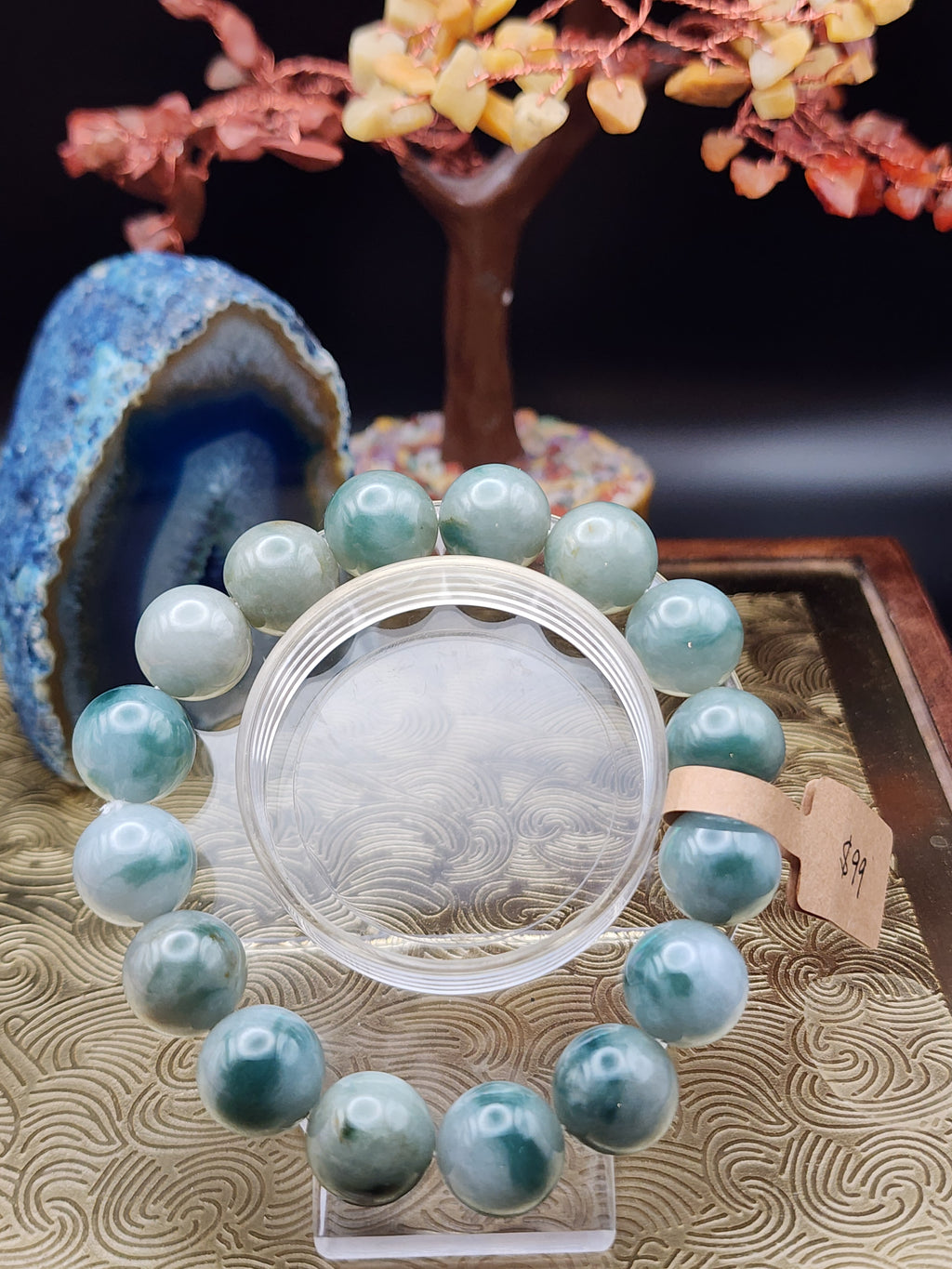Natural Green Jadeite Jade Round Bead Bracelet - 7.3" - (Type A Untreated)