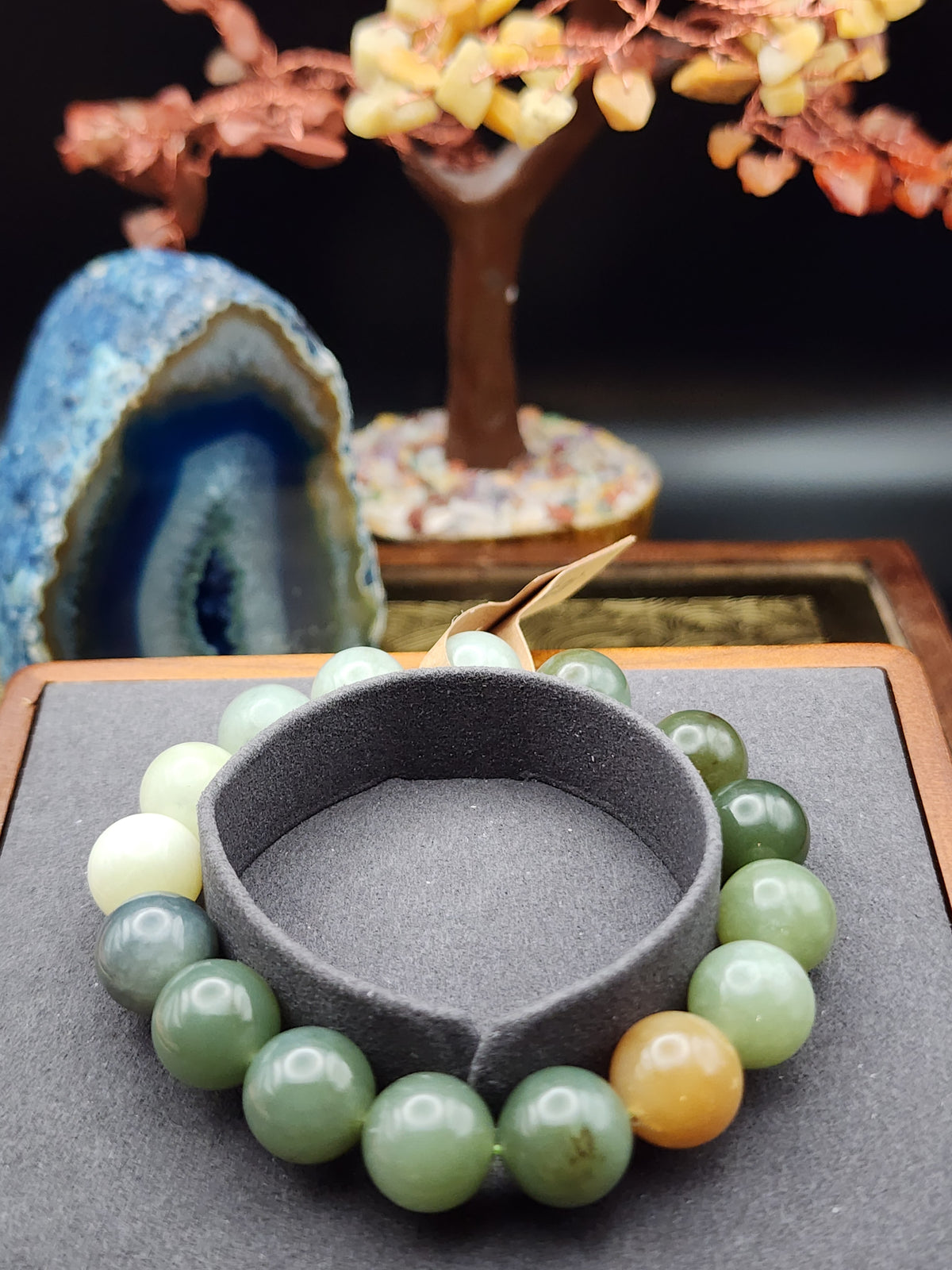 Natural Multicolor Hetian Nephrite Jade Round Bead Bracelet - 6.3"