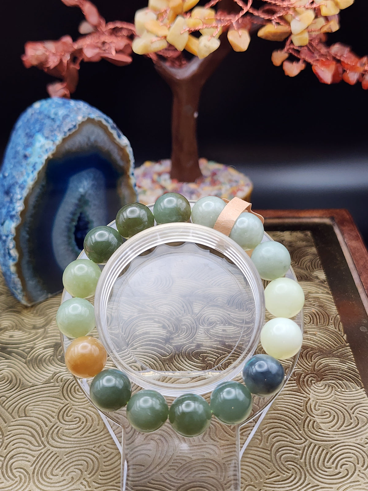 Natural Multicolor Hetian Nephrite Jade Round Bead Bracelet - 6.3"