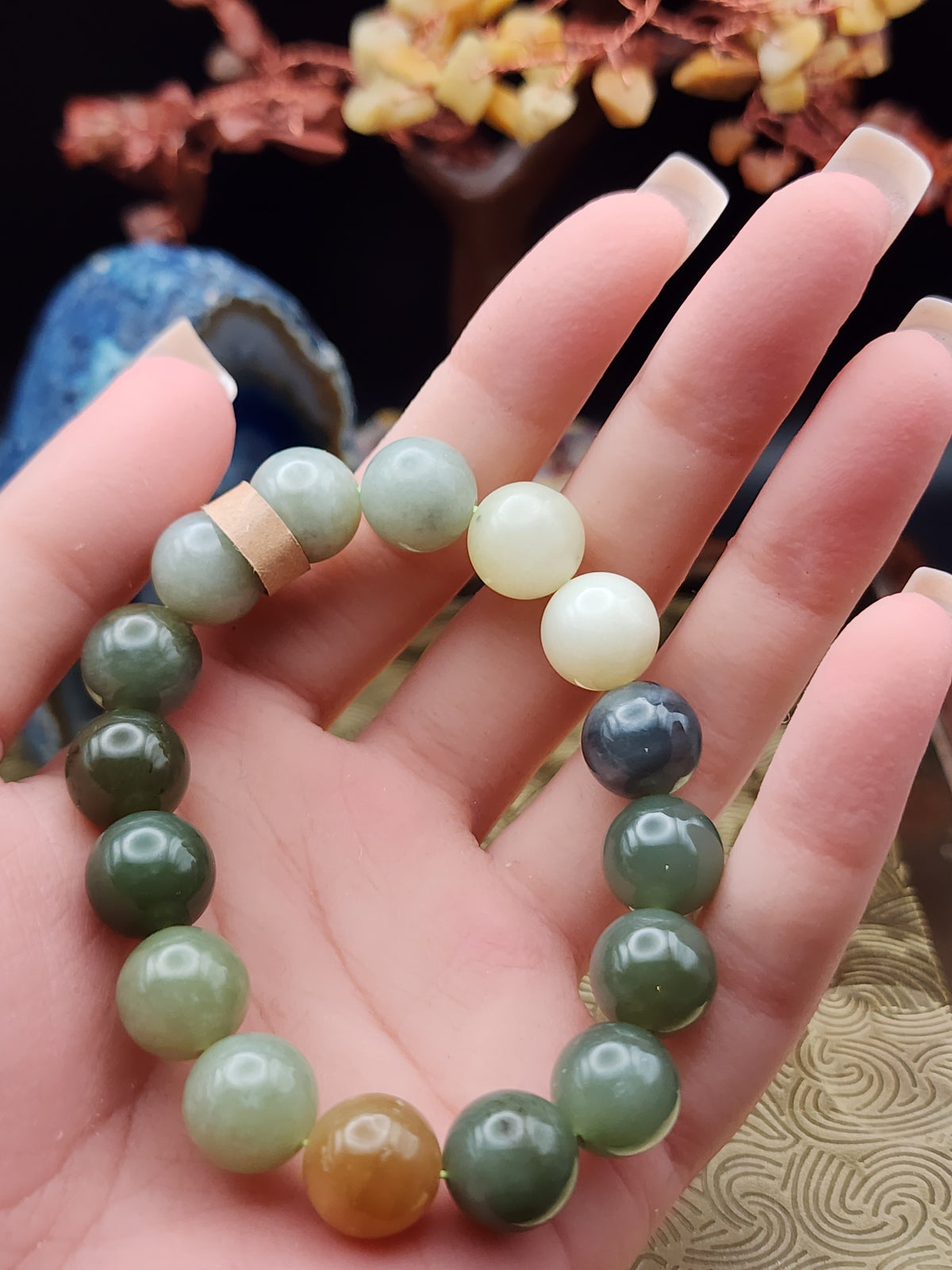 Natural Multicolor Hetian Nephrite Jade Round Bead Bracelet - 6.3"