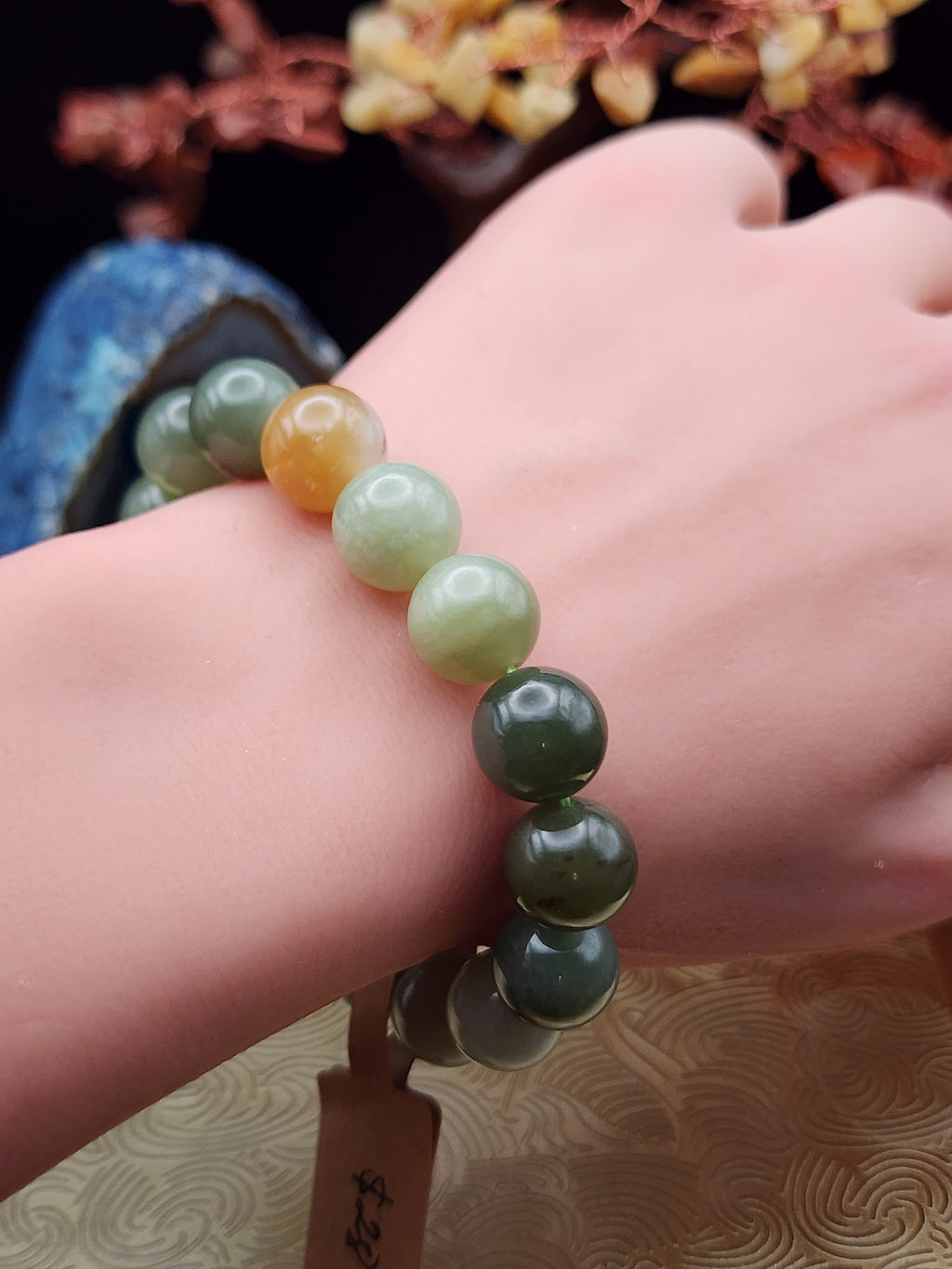 Natural Multicolor Hetian Nephrite Jade Round Bead Bracelet - 6.3"