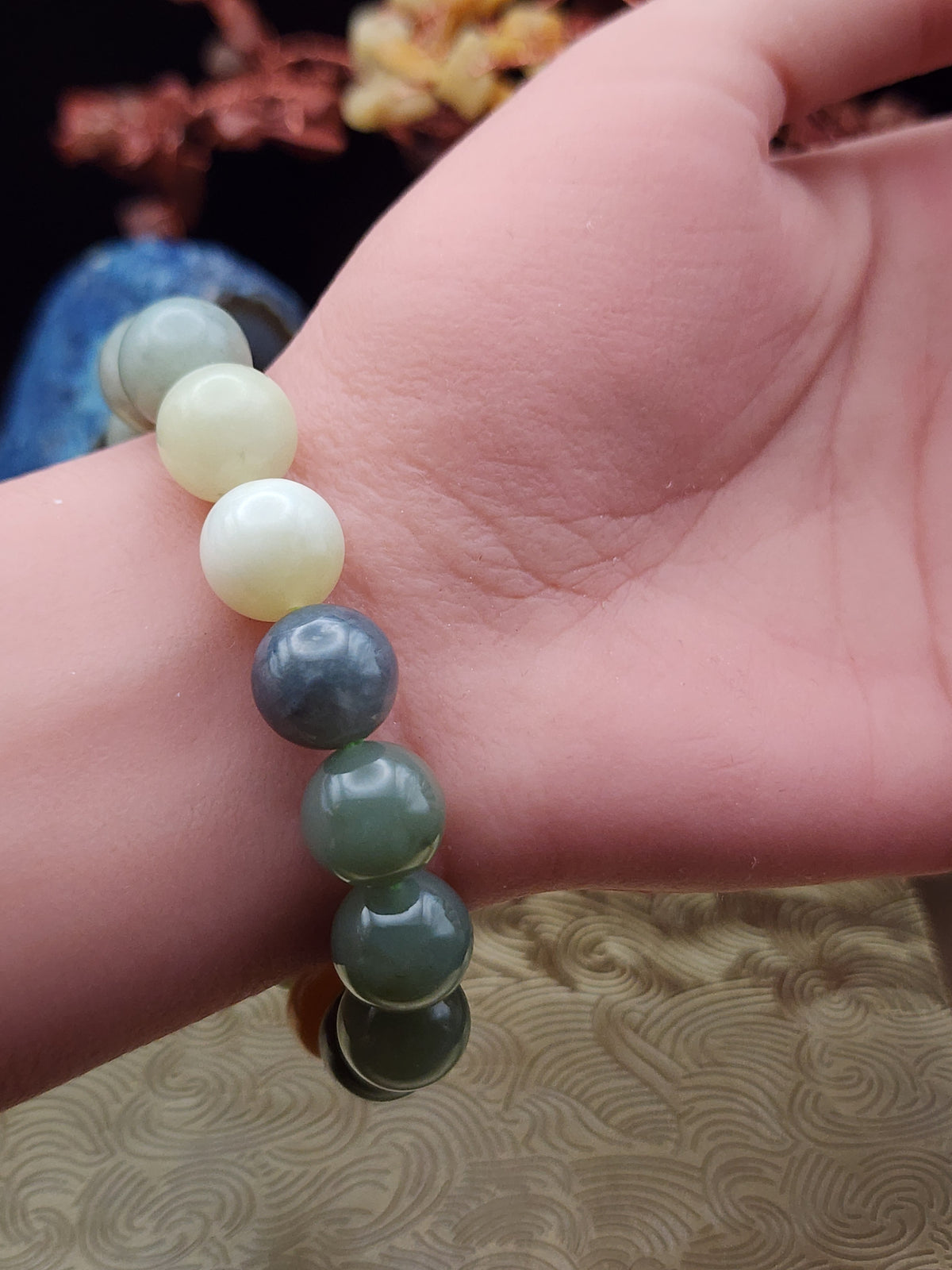 Natural Multicolor Hetian Nephrite Jade Round Bead Bracelet - 6.3"
