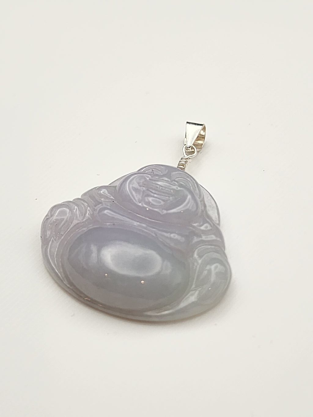 Natural Icy Lavender Jadeite Jade Carved Laughing Buddha Pendant - (Type A Untreated)