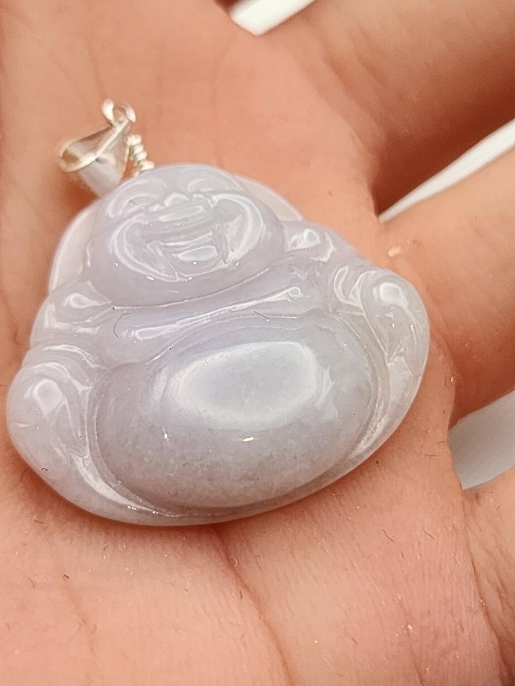 Natural Icy Lavender Jadeite Jade Carved Laughing Buddha Pendant - (Type A Untreated)