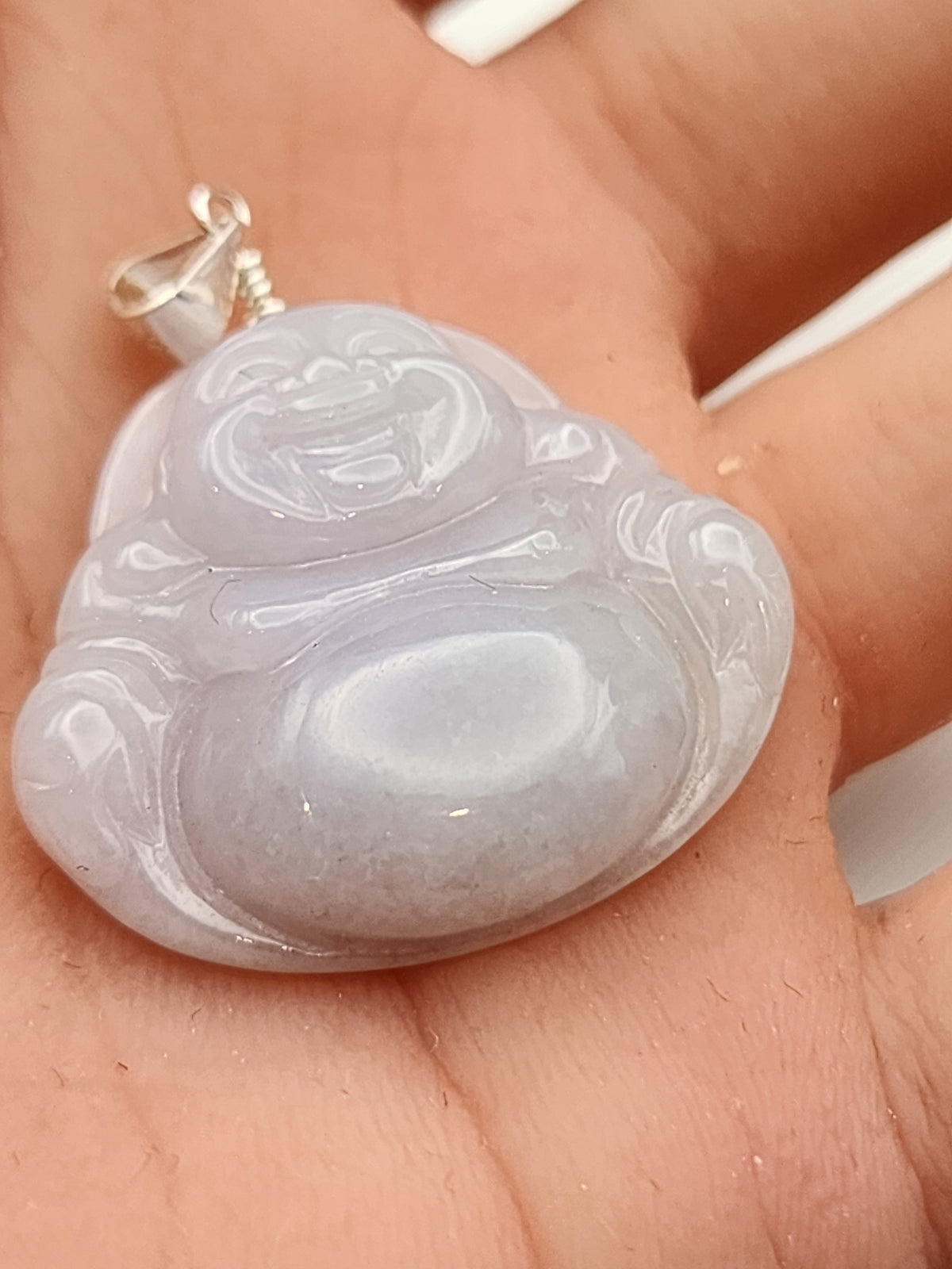 Natural Icy Lavender Jadeite Jade Carved Laughing Buddha Pendant - (Type A Untreated)