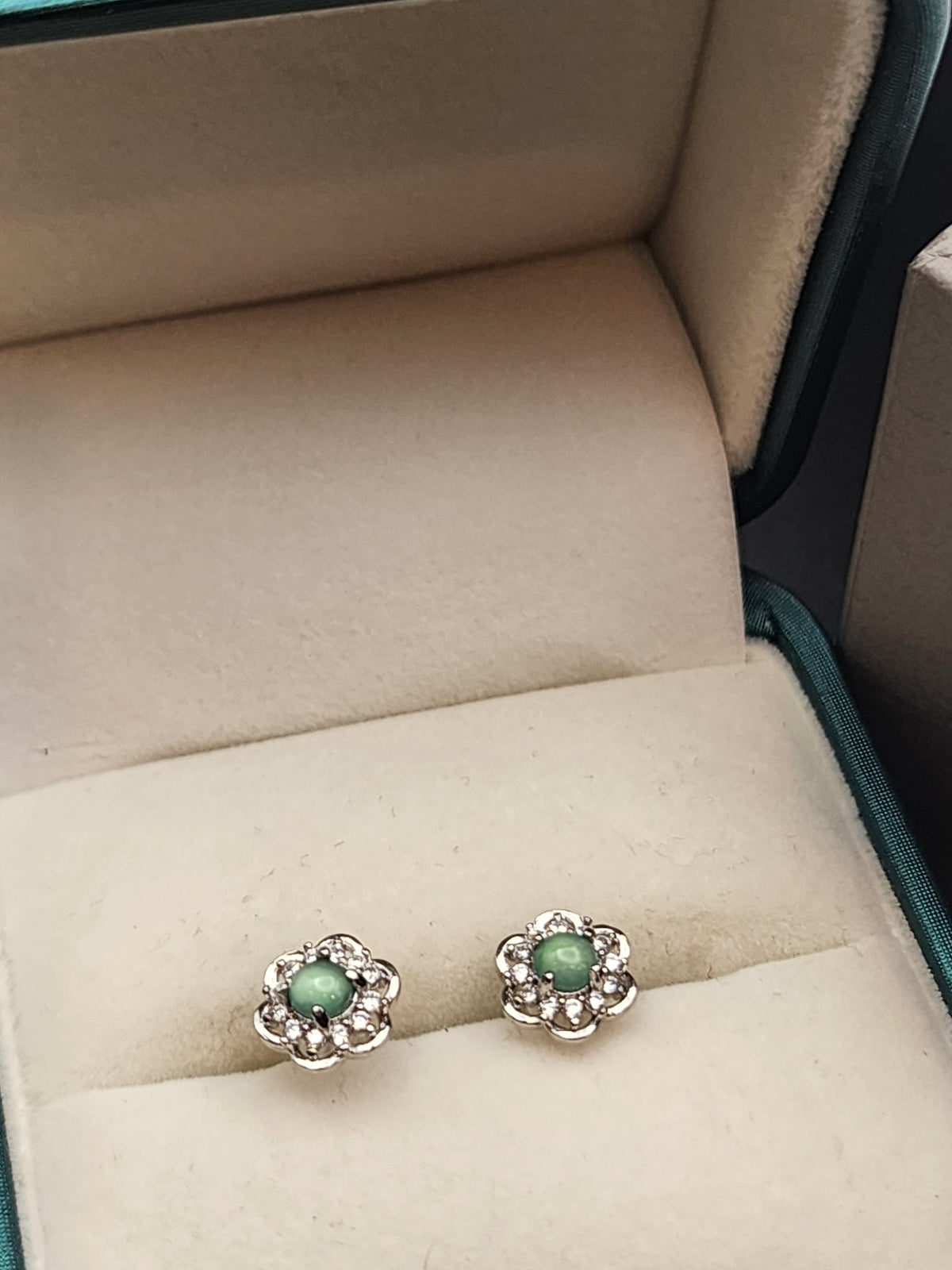 Natural Green Jadeite Jade Cabochon Stud Earrings Set - 2 Pairs - (Type A Untreated)