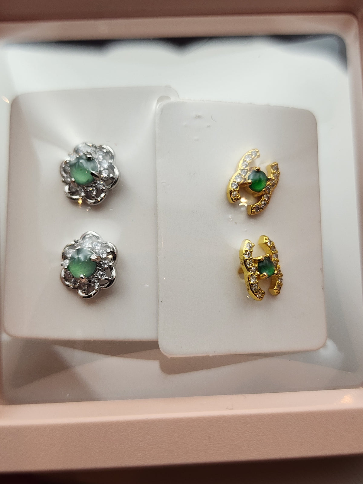 Natural Green Jadeite Jade Cabochon Stud Earrings Set - 2 Pairs - (Type A Untreated)