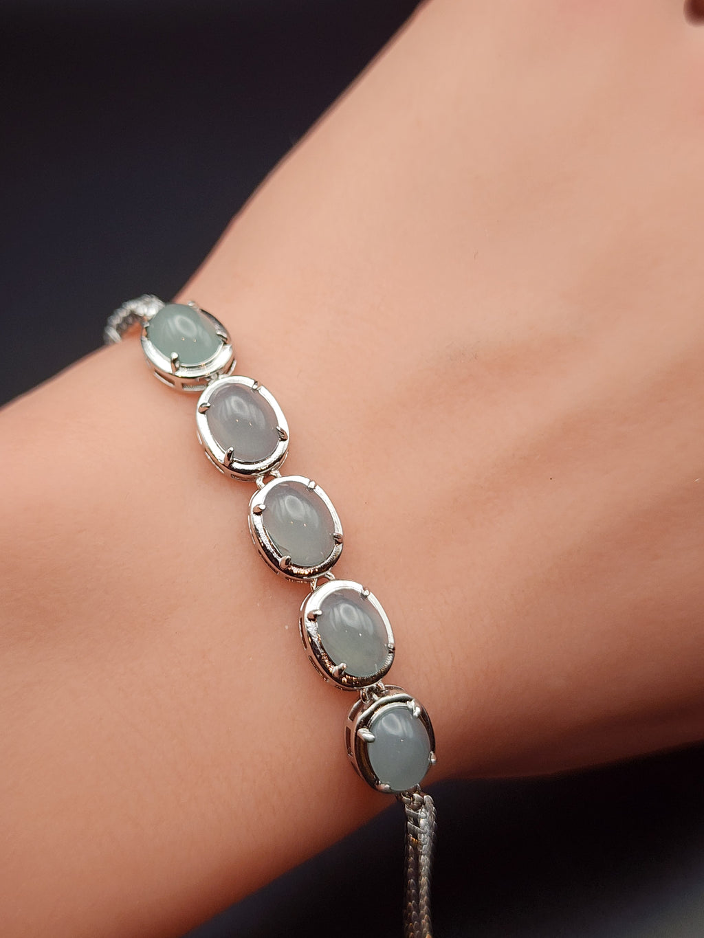 Natural Light Icy Blue-Green Jadeite Jade Cabochon Bracelet - (Type A Untreated)